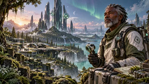 Aren Moss, field cartographer of the Boreal Archive, above Mosslight Basin: low research decks among mossy basalt and conifer-like forests, instrument lenses, dark glass spires, and warm places for field crews to compare notes.