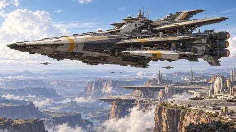 Far Horizon's staggered outrigger flight decks sweep above High Roost's mesas, with one shorter replacement wing and small rescue tenders.