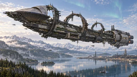 Long View's offset sensor frames, inhabited archive modules, and protected telescope are moored above the wooded waters of Mosslight Basin.