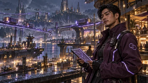 Ren Saye, route speaker of the Lumen Exchange, above Lantern Quay: rain-polished transit decks, violet guide lights, freight lifts, crowded counters, and domestic life inside a large working port.