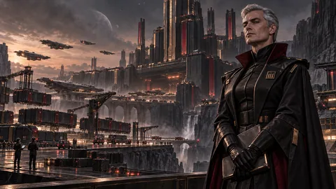 Severin Voss, executive-marshal of the black seal of the Obsidian Directorate, above Claimant's Spire: an immense fortress-port of black glass, basalt, brass seals, and oxblood inspection lights. seized freight moves below silent executive galleries. this is a restricted antagonist stronghold, not a seventh protected starter homeland.