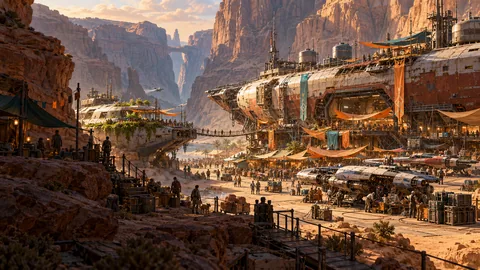 Patched freighters, gardens, market awnings, and working skimmers form the independent settlement of Low Anchorage in a sandstone basin.