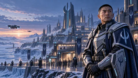 Cael Orin, knight-marshal of stillwatch of the Vesper Ward, above Stillwatch: a polar fortress-city of frost-silver chapter halls, tall defensive spires, warm public shelters, and orderly checkpoint lanes. patrol banners and inspection sensors share the streets with rescue crews. its safety is tangible; so is the feeling of being watched.