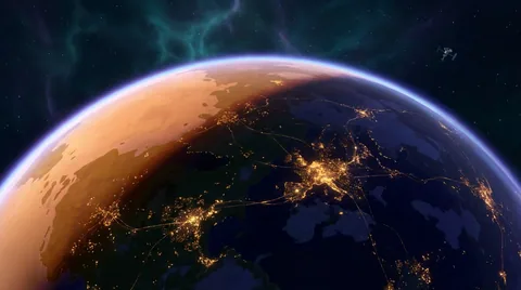 Veyra from low orbit at dusk: a lit crescent of continents, the night side scattered with settlement lights.