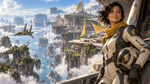 High Roost: mesa landing decks, open-span windbreaks, saffron sailcloth, compact homes inside stone, and enormous views across the connected frontier.