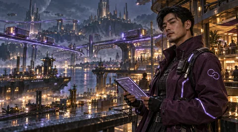 Lantern Quay: rain-polished transit decks, violet guide lights, freight lifts, crowded counters, and domestic life inside a large working port.