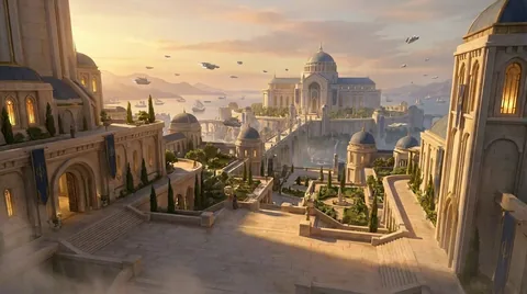 Dawnwall: warm stone terraces, inhabited buttresses, gardens inside public courtyards, and a visible sanctuary boundary. the city should feel lived in before it looks fortified.